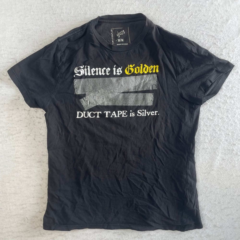 G21 Graphic T-Shirt Medium Black Silence‎ is Golden Duct Tape is Silver Funny